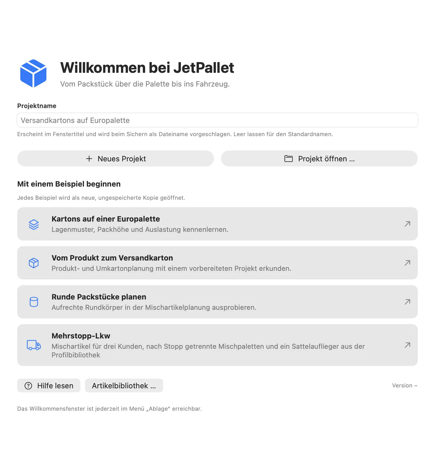 JetPallet-Willkommensfenster mit Neues Projekt, Projekt öffnen und vier Beispielprojekten.